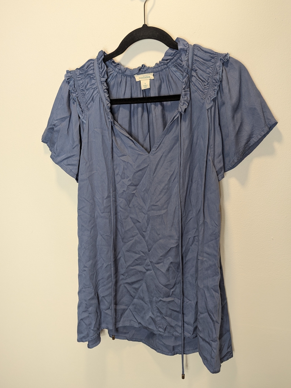 Sundance Dusty Blue Short Sleeve Ruffle V-Neck Blouse Modal Size Small Boho Chic